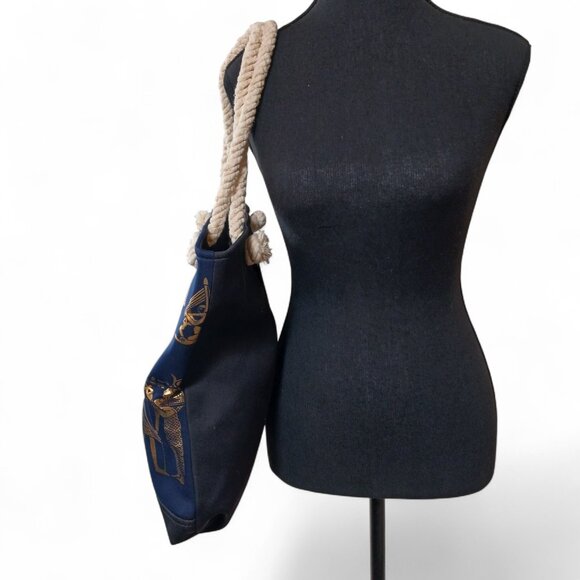 Midnight Blue Egyptian Graphic Beach Bag w/ Rope Handles & Gold Foil Design NWOT - Picture 4 of 9